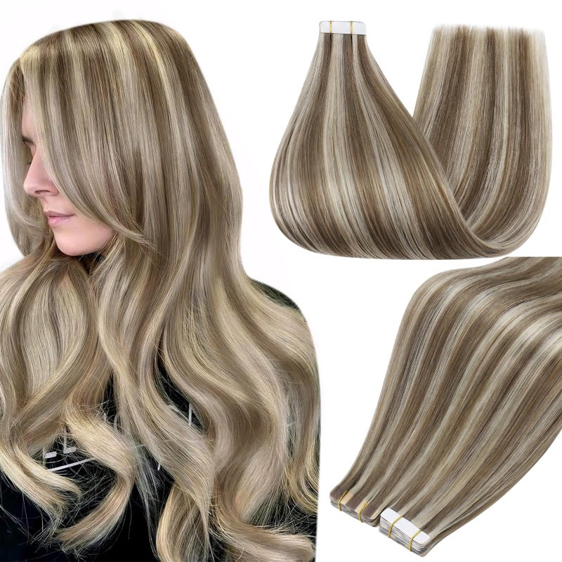 Full Shine Tape in Hair Extensions Remy Human Hair 22 Inch Tape in Extensions for Women Straight Hair Extensions Tape ins Color 8 Ash Brown Highlights 60 Platinum Blonde 50Gram 20pcs Natural Hair